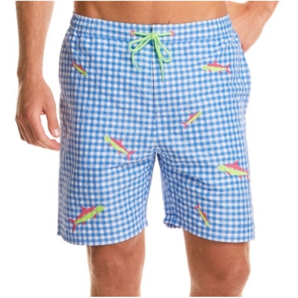 Vineyard Vines Men's Bonefish Embroidered Cabana Shorts Trunks Swimsuit Gingham